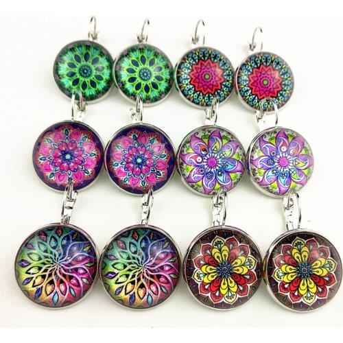 Jiangzimei 24pairs New design Mandala Indian Buddhism Retro French ear hook, black wood Glass earrings;dangler for girls women