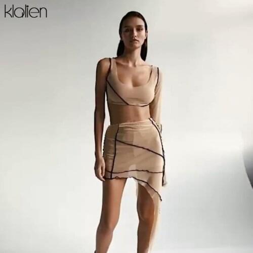 KLALIEN sexy see through mesh female mini skirt and top two piece set summer fashion beach vacation two piece skirt set women