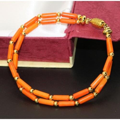 Classical design exquisite long chain multilayer bracelets natural 3*7mm orange coral beads 2 rows magnetic clasp jewelry B2794