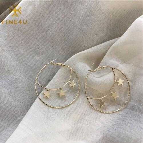 FINE4U E210 Stainless Steel Round Open Hoop Earrings Star Statement Dangle Drop Earrings Minimalist Hypoallergenic Jewelry
