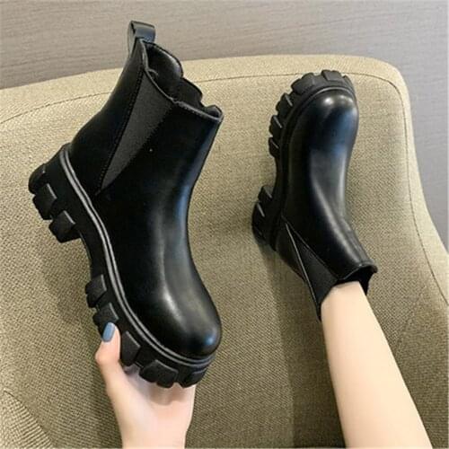 2020 Autumn Fashion Leather Chelsea Boots Women Leather Ankle Boots for Women Chunky Heels Booties Woman Round Toe Shoes Woman
