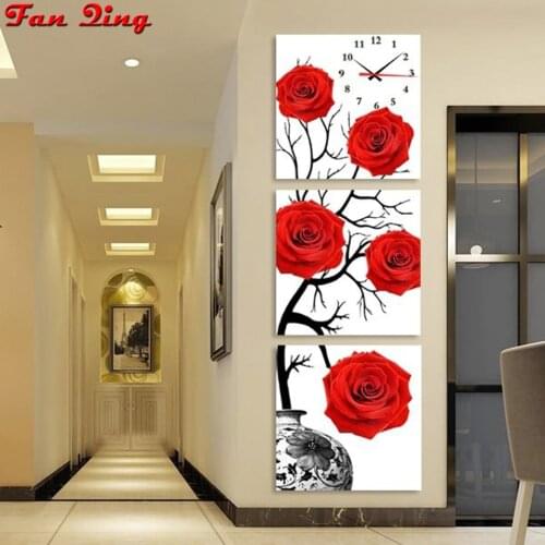 New 5D DIY Red Flower Diamond Painting Wall Clock Decor Full Round Diamond Needlework Picture Stitch Embroidery Crystal Mosaic