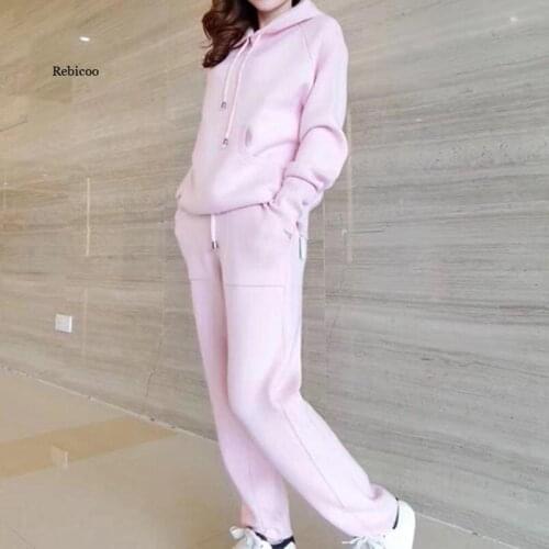 New Knit Suit Womens Casual Hoodie Knitted Trousers Rushed Hooded Full Drawstring Autumn And Winter Warm Two-piece Solid