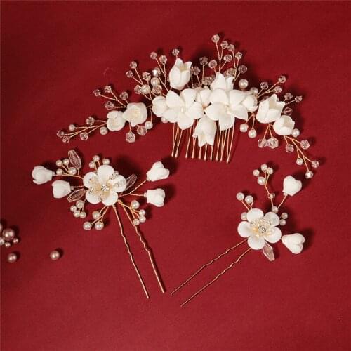 OKILY Handmade Gold Color Clay Floral Haircomb Bride Jewelry Fashion Crystal Wedding Pearl Hair Ornament for Bridal Bridesmaid
