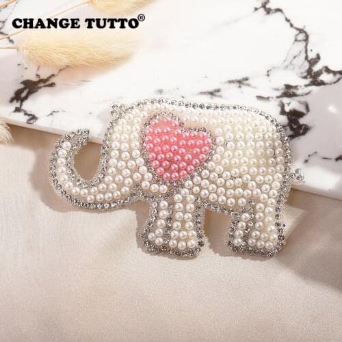 Pearl Crystal Rhinestone animal elephant Patches DIY Iron on Patches Applique Badge For Heat Transfer Clothing Shoe Bag Sticker