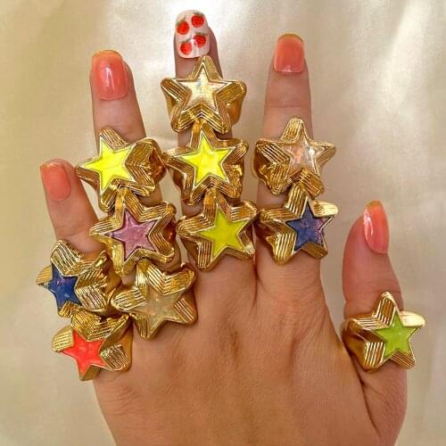 JUST FEEL Punk Hip Hop Chunky Star Rings for Women Gold Color Fashion Shine Multicolor Resin Metal Rings Statement Jewelry Gift