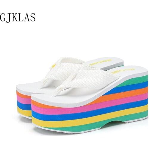 Rainbow High Heels Women Wedge Slippers Platform Flip Flops Summer Beach Shoes for Women Casuales Platform Shoes Woman Slippers