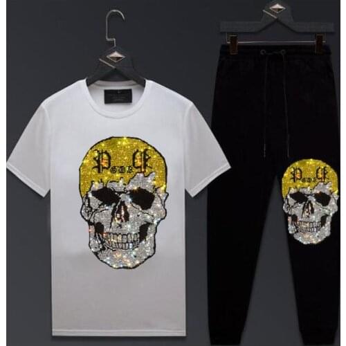 Brand Men Clothing Sets Tracksuit 2 Piece Sets Rhinestones Mens short Sleeve Set Sports Suit Streetswear