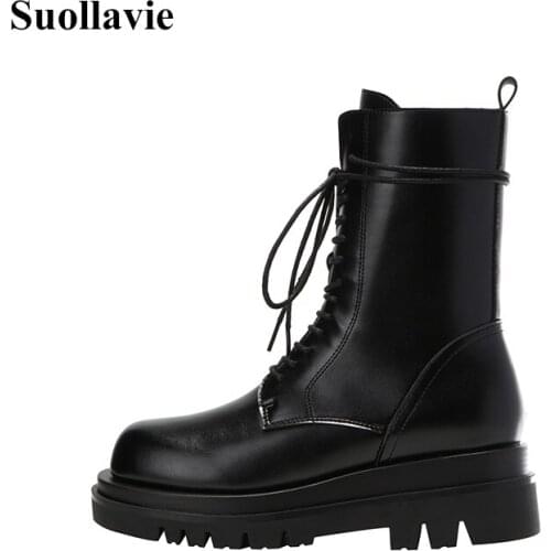 Suollavie Preppy style Women Shoes Side Zipper Martin boots Spring lace-up zapatos de mujer zapatos Pu Leather Flat Buty damskie