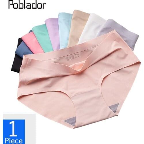 Poblador Seamless Sexy Womens Silk Breathable Panties Mid-Waist Fashion Female Comfort Briefs Solid Soft Lady Lingerie