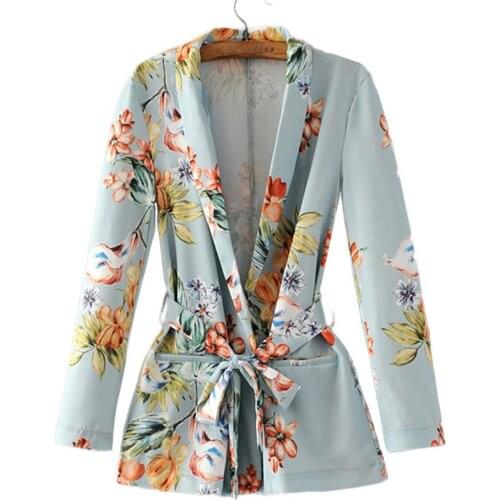 Women Clothes Floral Printing Vintage England Blazers Ladies Outwear Loose Female Jacket Casual Sashes Pocket Coat