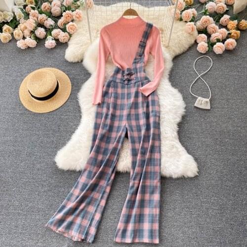 Women Two Piece Set Pink Pullover Sweater Top and Plaid Print One Shoulder Strap Long Pants Suits Korean Fashion Clothing Sets