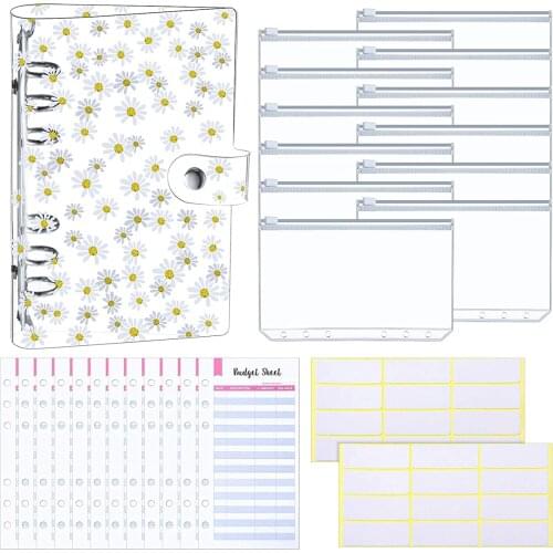 27 Pieces A6 Binder PVC Notebook Cover Budget Envelopes System Planner with 12 Clear Zipper Pockets, Budget Sheets and Labels