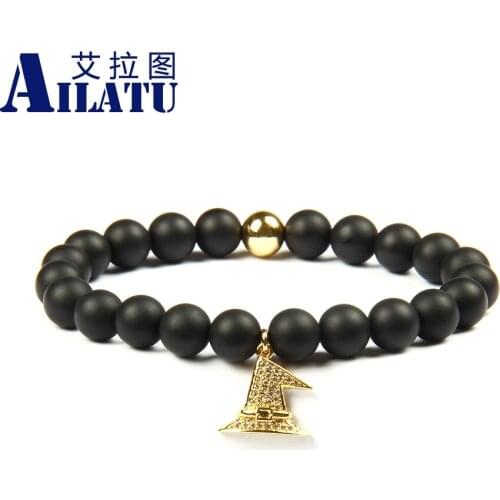 Ailatu Wholesale New Arrival 8mm Natural Matte Onyx Stone with Clear Cz Witch Hat Beaded Bracelet for Halloweens Gift