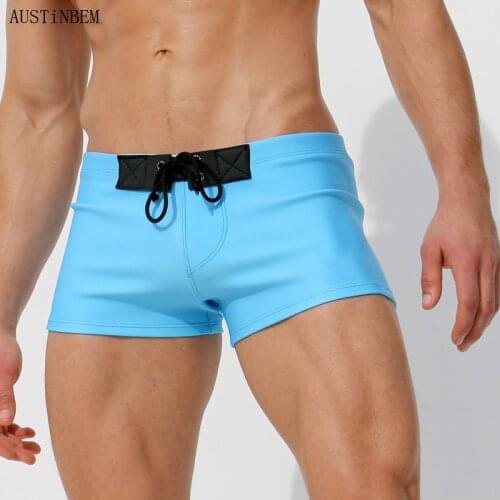 AUSTINBEM solid blue khaki swimsuit men sexy beach short men swim trunk boxer hot men swimwear board surf brief men sunga bikini