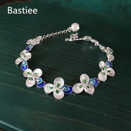 Bastiee Peacock Feather 999 Sterling Silver Bracelet For Women Hmong Handmade Bracelets Cloisonne Enamel Luxury Jewelry Ethnic