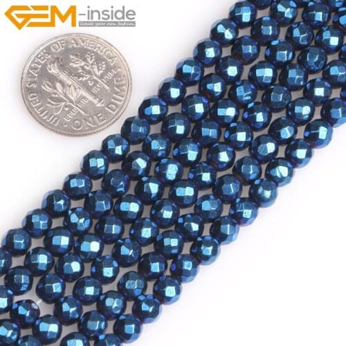 Gem-inside 4mm-10mm Blue Metallic Coated Faceted Round Magnetic Hematite Beads For Jewelry Making Strand 15"