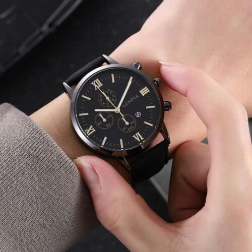 Fashion sports stainless steel case leather belt calendar casual mens watch three-eye six-hand quartz business watch