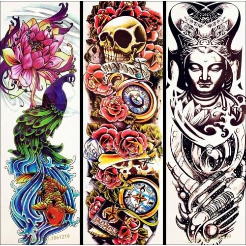 Black Buddhist Temporary Tattoo Sticker Rose Compass Peacock Waterproof Fake Flash Tattoo Full Flower Arm Sleeve Tatoo Women Men