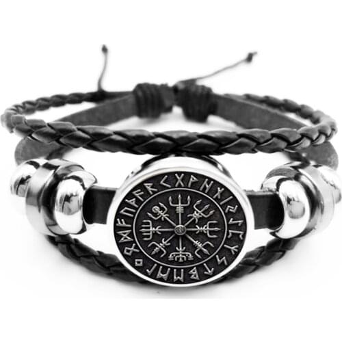 Initial / New Hot Sale Vegvisir Viking Compass Snap Button Bracelet Jewelry Glass Cabochon Black Bracelet Jewelry