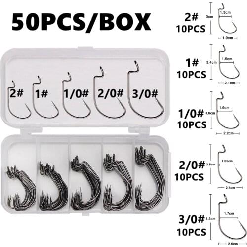 Crank Fishing Hook Set For Soft Bait Worm 50 PCS Worm Fishing Hook Clamp Wide Gap Crank High Carbon Steel Crank Barbed Hook
