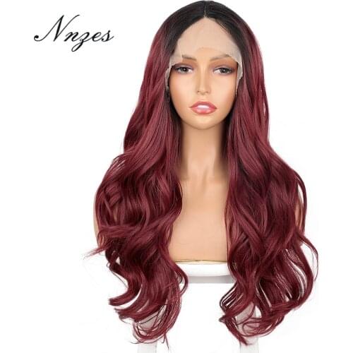 NNZES 26inches Synthetic Lace Front Wigs Nature Wave Long Red Middle Hairline for Women Black Orange for Daily Cosplay Festival