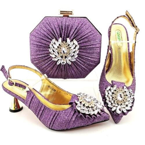 New Arrival Noble Italian design Elegant Style Ladies Shoes and Bag Set Decorated With Rhinestone in Purple Color for Party