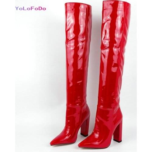 2021 Autumn Winter Women Over the Knee Boots Patent PU Leather Womensquare High Heel Boots Pointed Toe High Quality Womans Boot