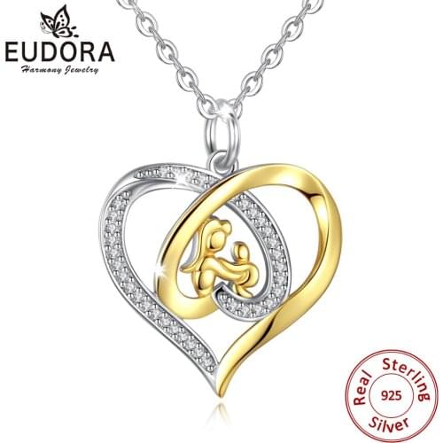 Eudora 925 Sterling Silver heart women baby Pendant Crystal Gold Mother&Child charm Necklace Fashion Jewelry with box CYD67