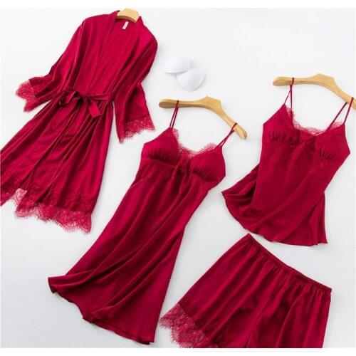 Pajamas spring and summer new rayon wine red кружевной халат women 4PC sexy noble V-neck night robe set soft home service