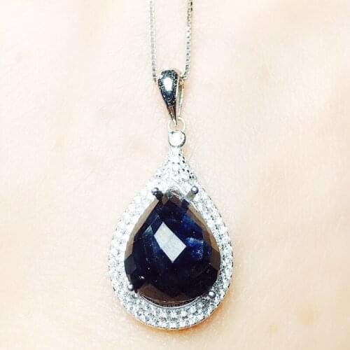 Natural real black sapphire drop necklace pendant Per jewelry 10*13mm 7ct gemstone 925 sterling silver Fine jewelry X216328