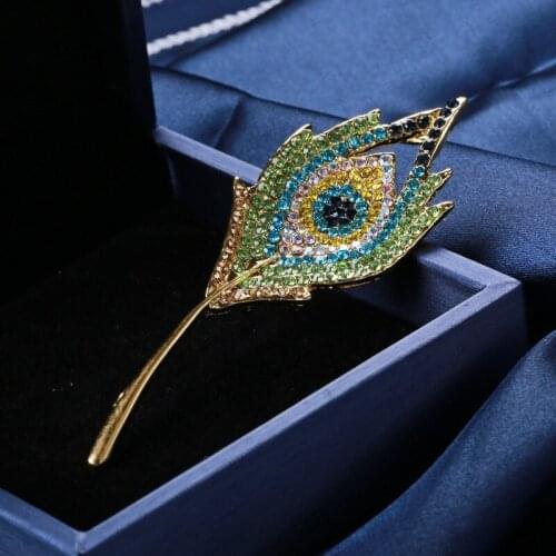 Retro Rhinestone Peacock Feather Brooch for Woman Elegant Suit Accessories
