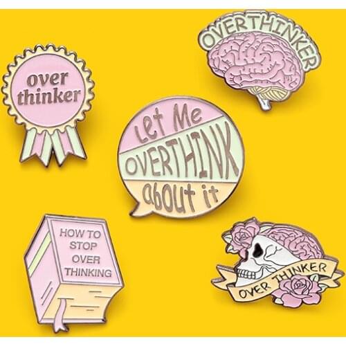 Pink series Enamel Pin Custom Overthinking Award Brain Skull Book Brooches Bag Lapel Pin Cartoon Badge Jewelry Gifts for Friends