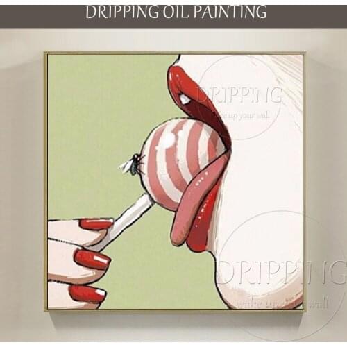 Artist Hand-painted High Quality Lick Lollipop Oil Painting on Canvas Sexy Lips and Funny Fly With Lollipop Oil Painting