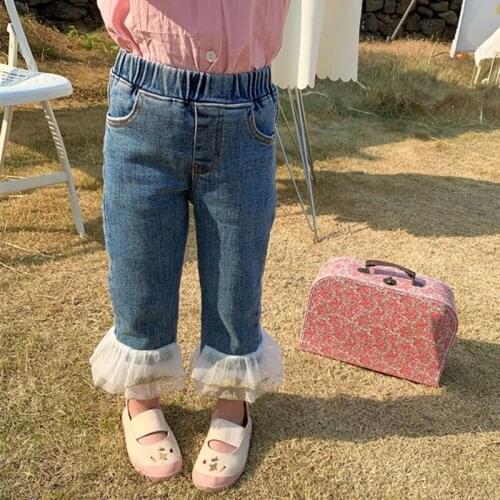 2021 New Spring Kids Denim Pants Patchwork Ruffles Voile Korean Style Baby Girls Jeans Chic Children Trousers