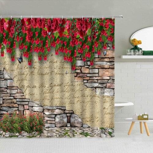 Rose Brick Wall Shower Curtain Flowers Butterfly Green Vine Plants Polyester Fabric Bathroom Supplies With Hooks Cloth Curtains