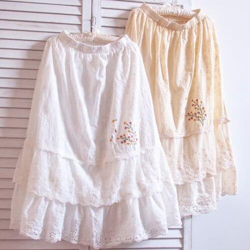 TIYIHAILEY Free Shipping 2021 Fashion Spring And Summer White Cotton Lace Long Mid-Calf Elastic Waist A Line Skirts Embroidery