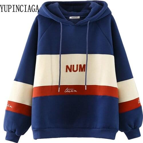 YUPINCIAGA Women Hooded Sweatshirts Hit Color Pullover Femme Embroidery Harajuku Hoodies patchwork letters plus velvet warmth