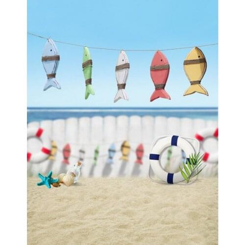 TR Summer Sand Beach Starfish Fish Backdrops High-grade Vinyl Cloth Wedding Backgrounds Blue Sky Children Kids Photo Backdrops