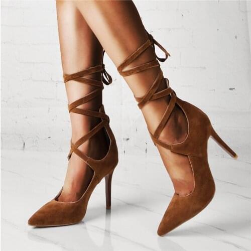 Woman Cross Tie Pumps Pointed Toe Flock Ankle Strap Shoes Dress Ladies Solid High Heel Party Street Office Shoes Pumps Footwear