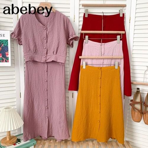 Vintage V-neck puff sleeve single breasted Shirt Top + high waist single breasted mid-length Skirt 2-piece set 2021 New Summer
