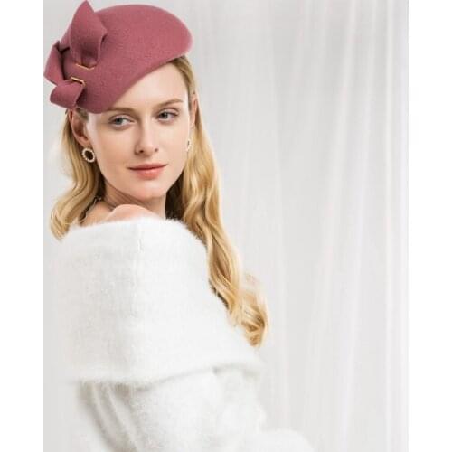 Lady New Fashion Winter Fedoras Cap Women Elegant Wedding Dress Hat Banquet Party Bowknot Felt Hats Woolen Travel Hat