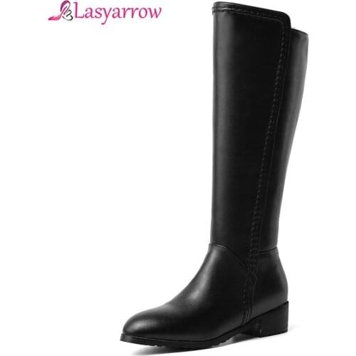 Lasyarrow 2019 Autumn Women Boots Mid Calf High Chunky Heel Sewing Knight Riding Long Boots White Black Ladies Shoes Botas J1023