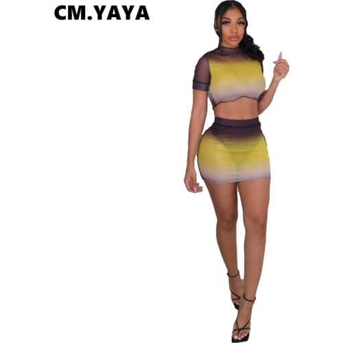 CM.YAYA Women Set Print Mesh See-through Short Sleeve Crop Tops Stretchy Mini Skirts Two 2 Piece Set Sex Clubwear Summer Outfits