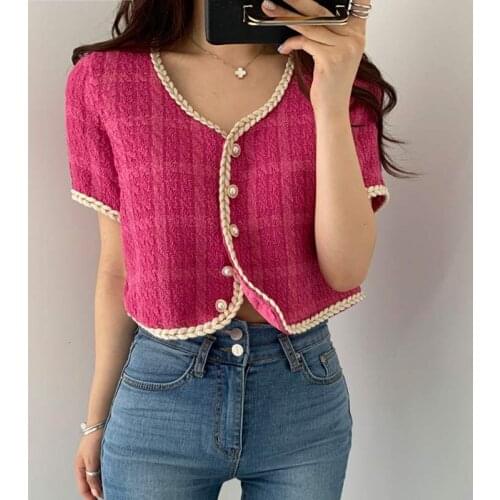 2021 New Summer Retro Short Korean Plaid Tweed Coat Women Fashion Short-Sleeved Thin Short Jacket Female Elegant Top