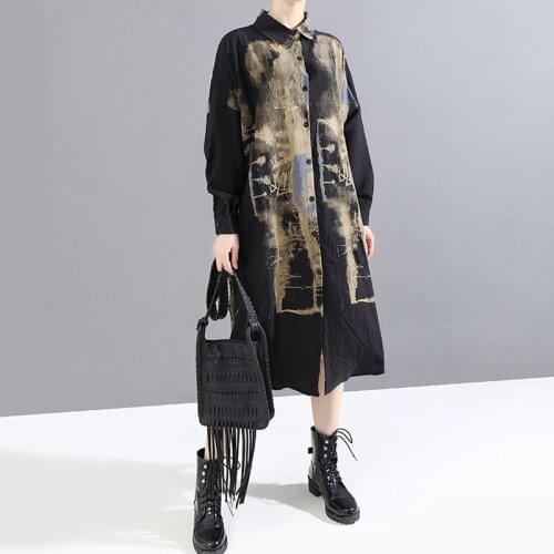 Johnature New Irregular Print Turn-down Collar Women Shirt Dresses 2021 Autumn Loose High Street Button Female Dress