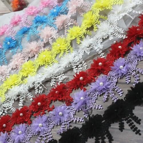 1 yards 3D Beaded Chiffon flower water soluble Tassel lace Ribbon for diy headwear dress decor