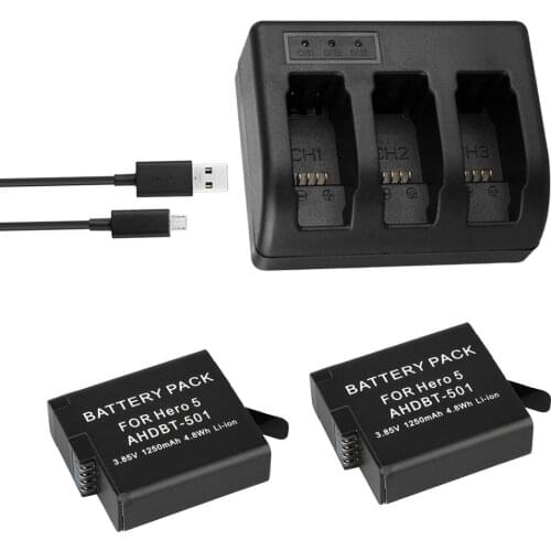 2Pcs Hero 5 AHDBT-501 AHDBT501 Replacement Bateria Batteries + 3-Ports USB Charger for Go Pro GoPro 5 Hero5 AHDBT 501