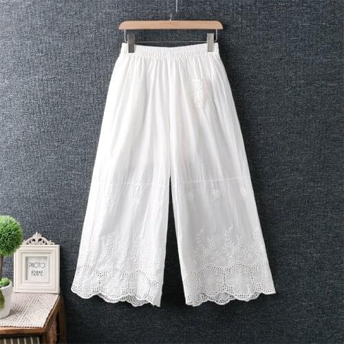 2020 New Summer Women Pants Mori Girl Literary Fresh Elastic Waist Embroidery Loose Cotton Wide Leg Pants Women