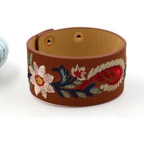 Fashion Women Embroidery Paisley Floral Bracelets Jewelry Fashion Roses Stumpwork PU Leather Bangle Adjustable